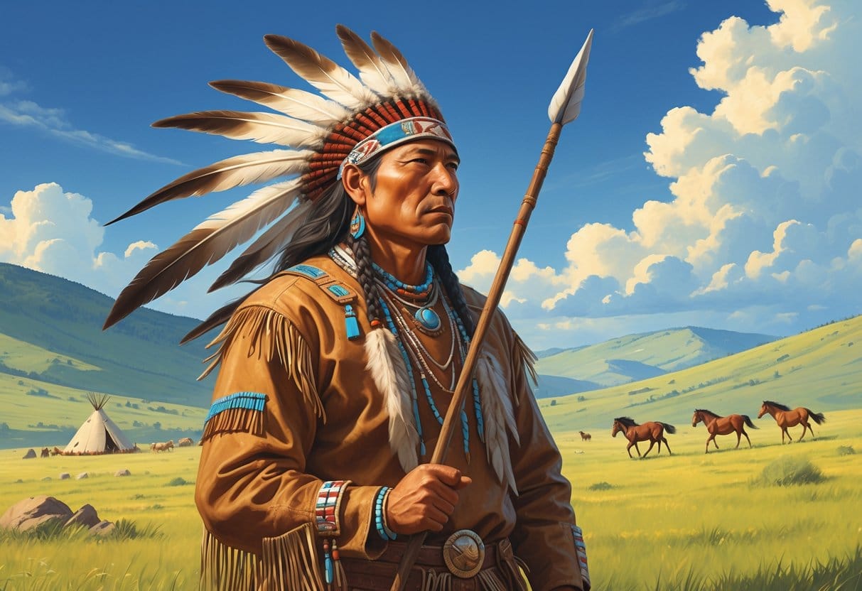 A Native American man in traditional clothing standing on a grassy plain with hills and a wide sky behind him, holding a spear and looking confidently ahead.