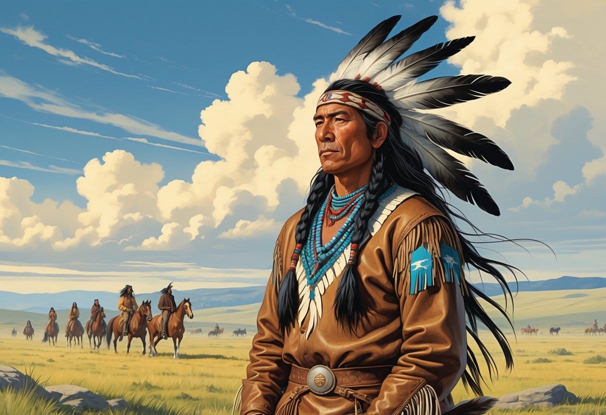 A Native American man in traditional clothing stands on the plains with horses and warriors in the background.