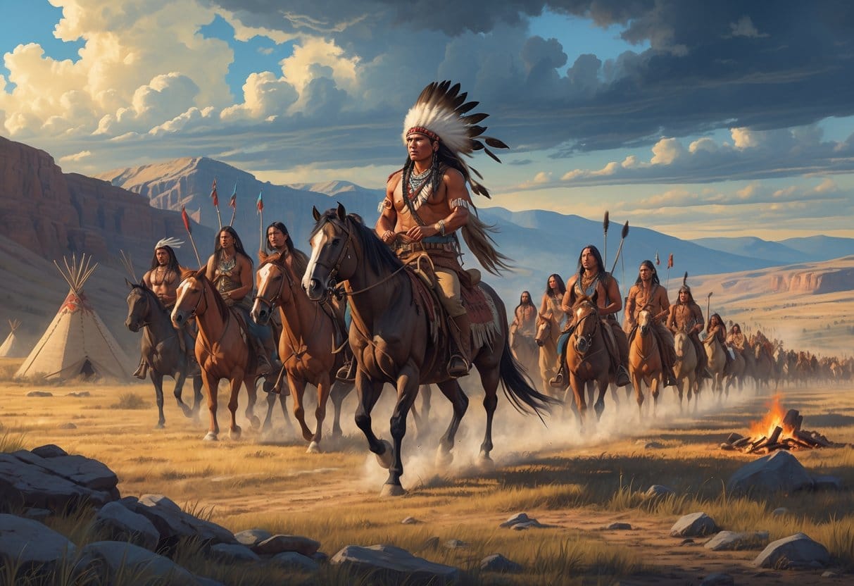 Native American leader Crazy Horse on horseback leading a group of warriors across a plains landscape with mountains in the distance.