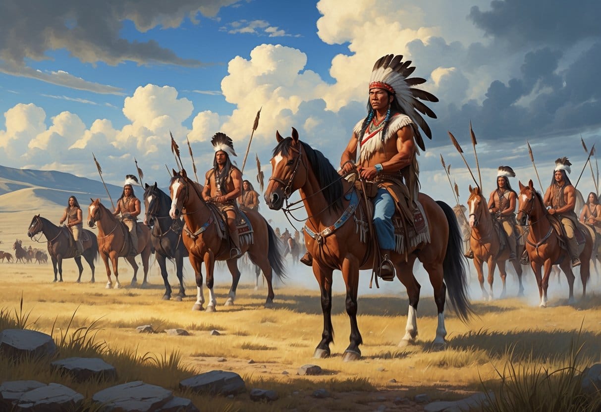 Native American warrior Crazy Horse on horseback leading a group of warriors across the plains.