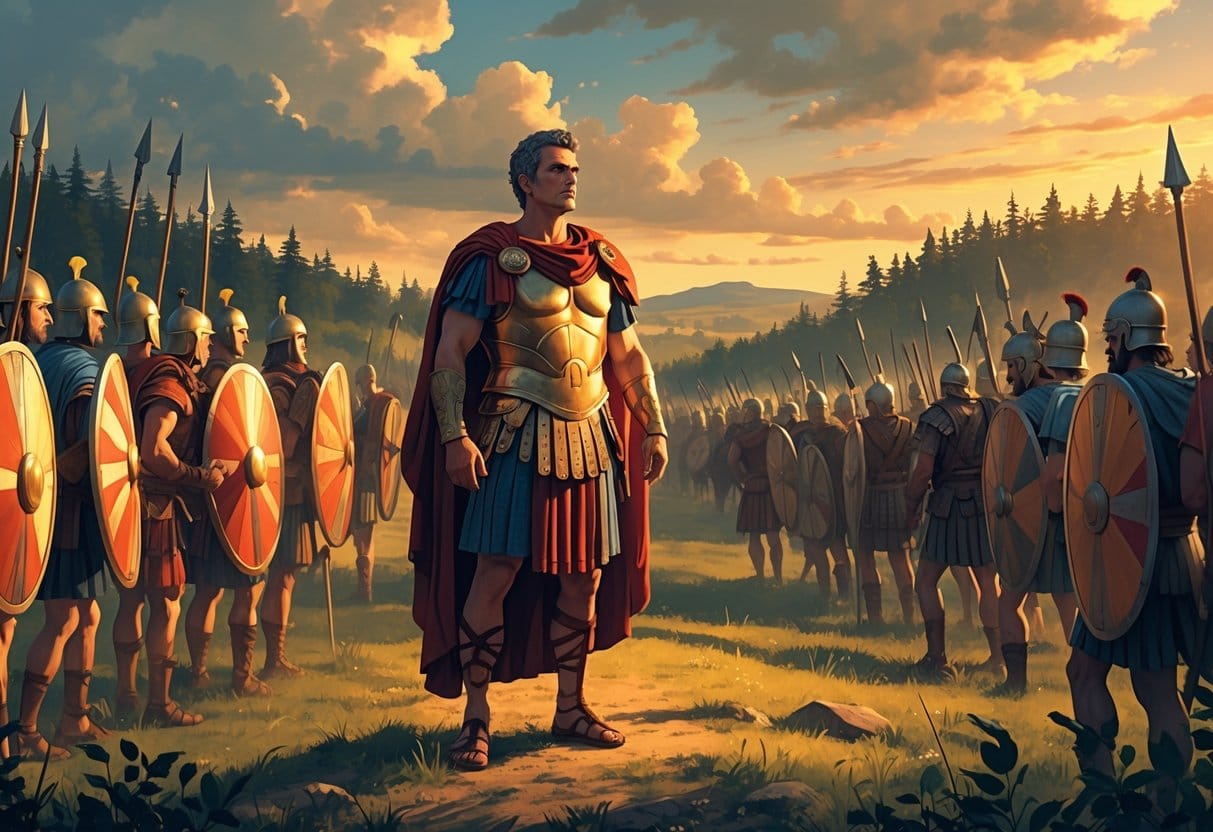 Julius Caesar leading Roman soldiers overlooking a battlefield with Gallic warriors in the distance during the Gallic Wars.
