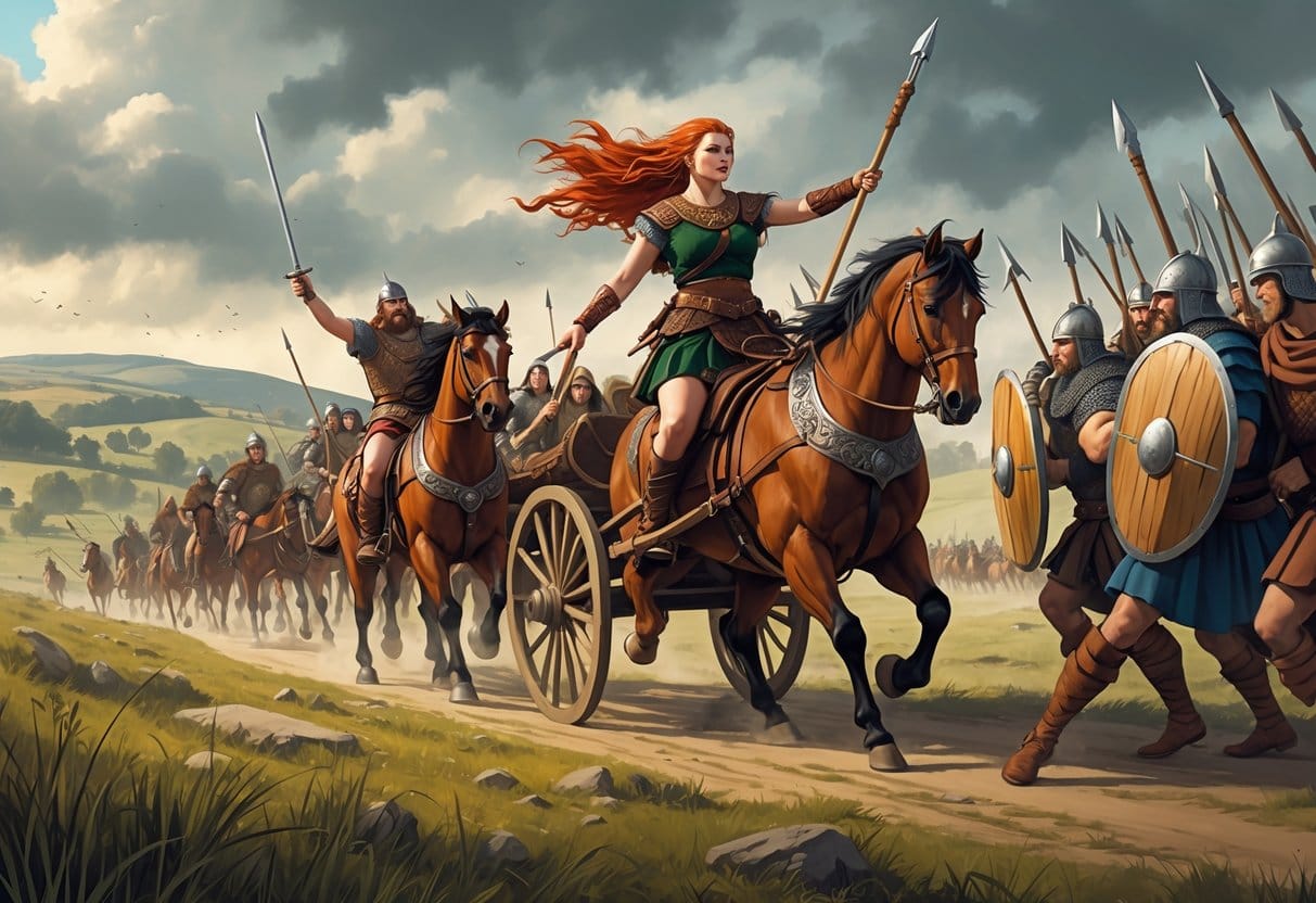 Boudica leading Celtic warriors in battle against Roman soldiers in an ancient British landscape.