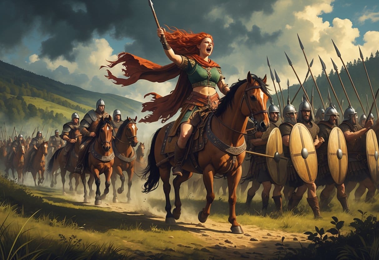 A fierce Celtic queen leads warriors on a chariot against Roman soldiers in a misty British landscape during a historic battle.