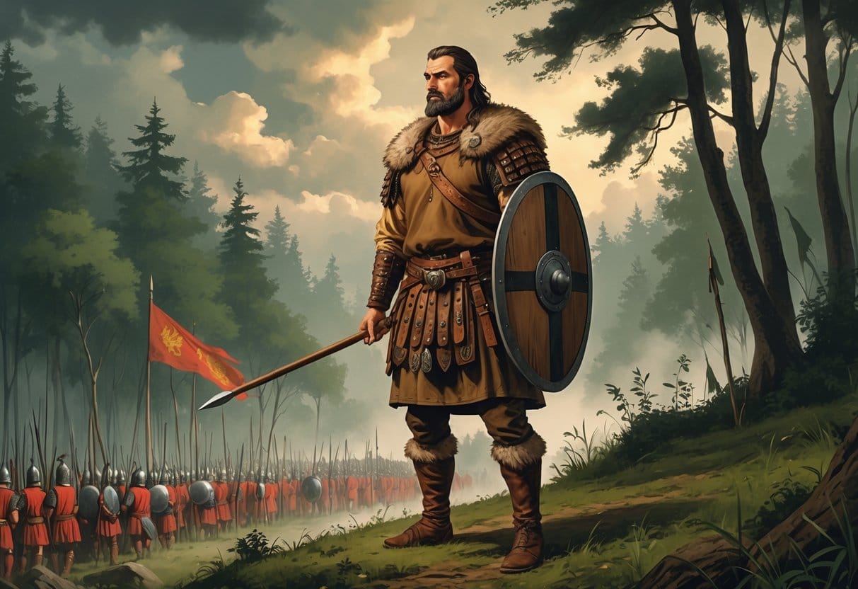 A man dressed in ancient Germanic warrior clothing stands on a forested hill overlooking a distant Roman camp, holding a spear and shield.