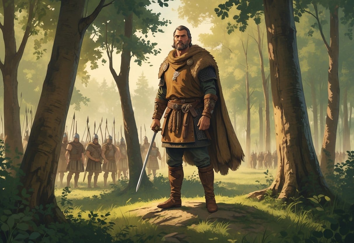 A strong man in ancient Germanic warrior clothing stands in a forest clearing with Roman soldiers visible in the distance.