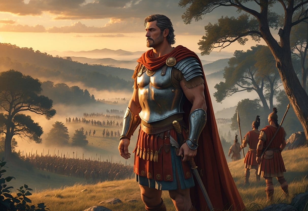 A warrior wearing a mix of Roman armor and tribal clothing stands on a hill overlooking a misty battlefield with soldiers preparing for battle in the background.