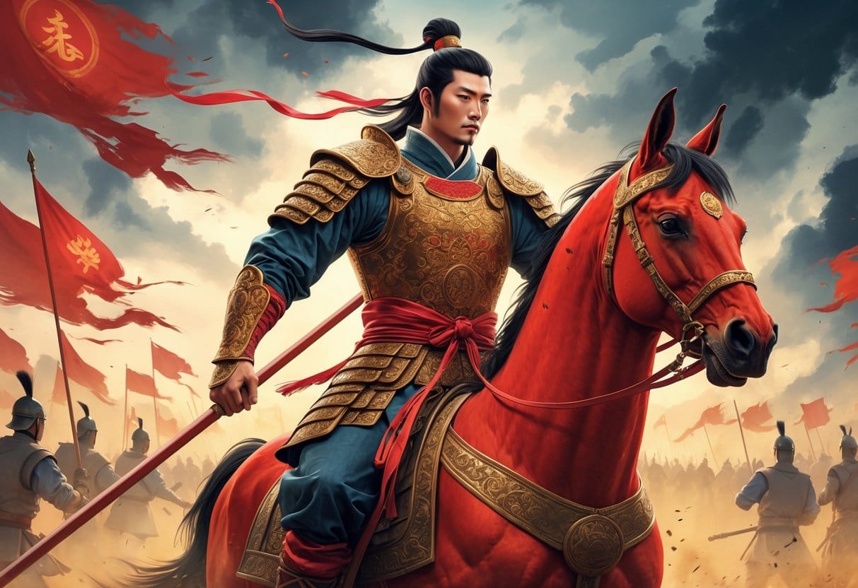 A warrior in traditional Chinese armor on a red horse holding a spear on a battlefield with soldiers and banners in the background.