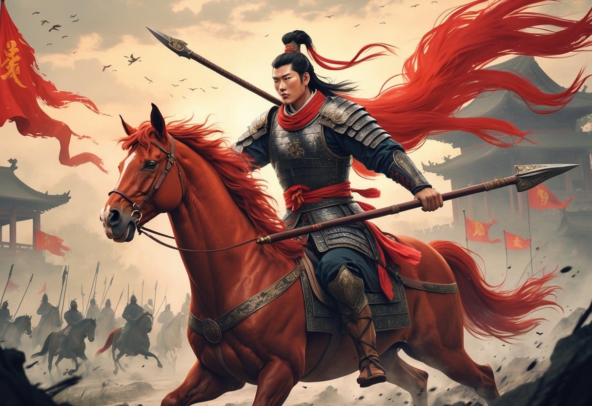 A fierce warrior in ornate armor rides a powerful red horse, holding a long spear on a misty battlefield.