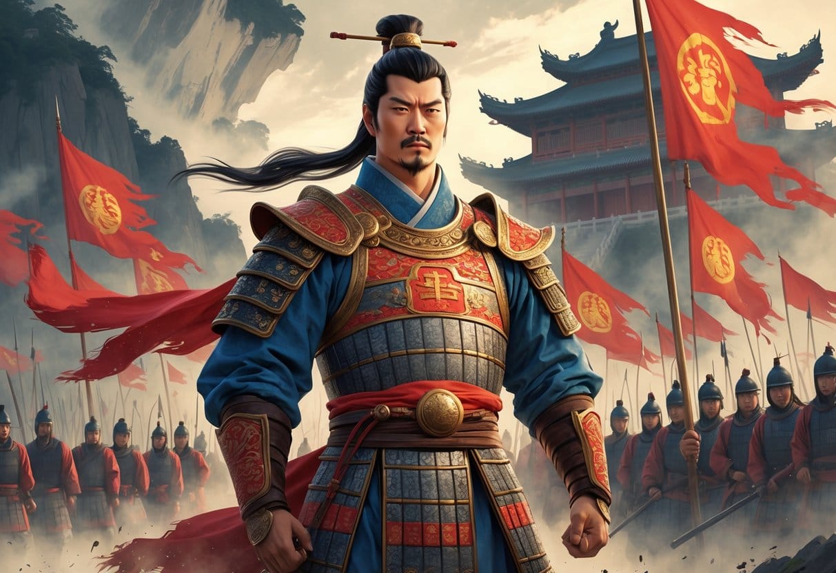 Zhang Fei standing confidently in traditional armor on a battlefield with soldiers behind him and a mountainous landscape in the background.