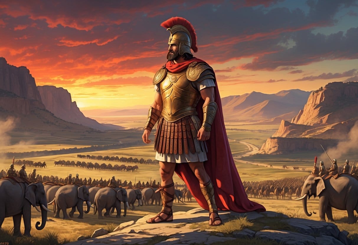 Hannibal Barca standing on a hill overlooking a battlefield with elephants and soldiers, with mountains and a river in the background at sunset.