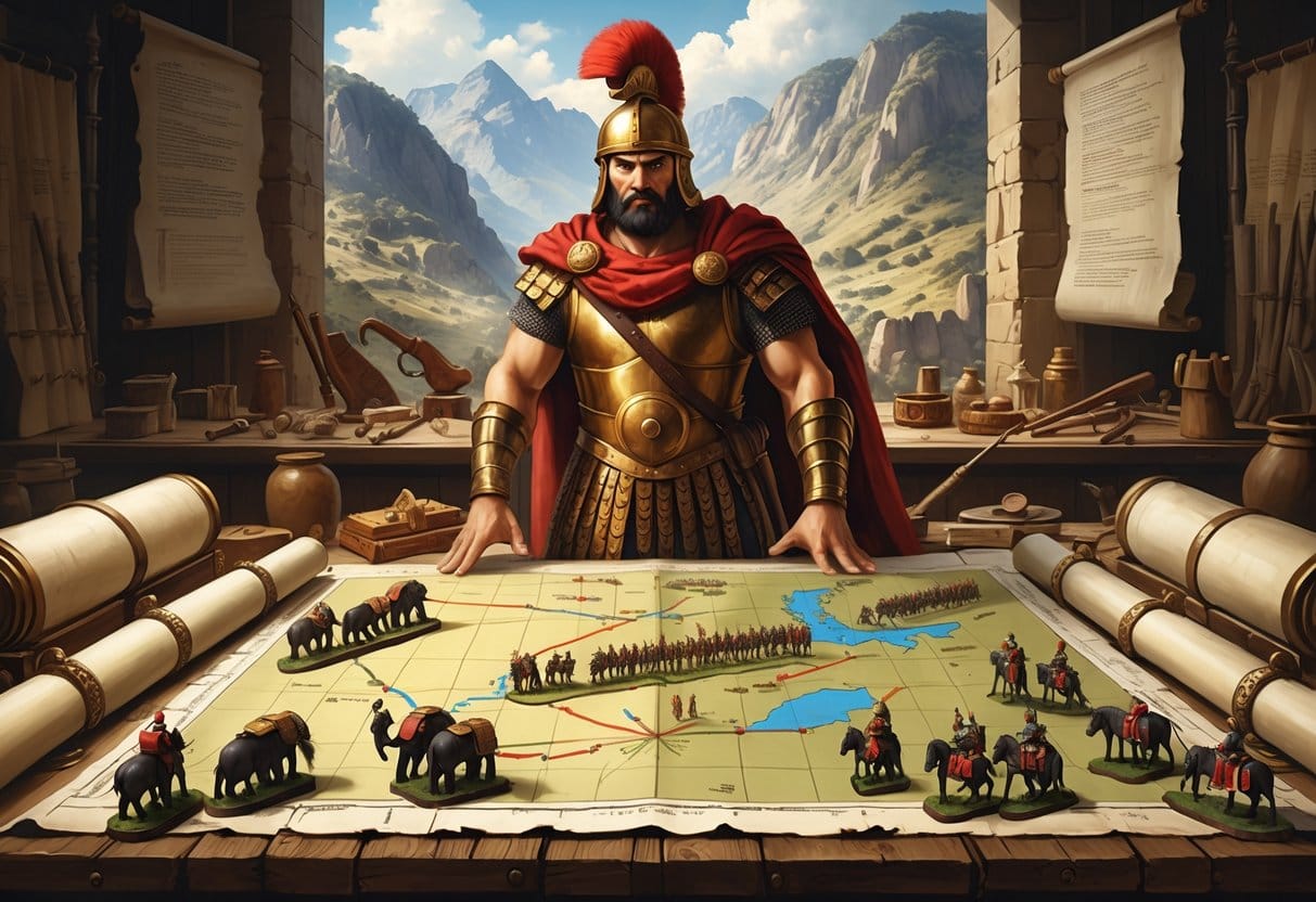 Hannibal Barca stands over a battlefield map with miniature troops and war elephants, planning a military strategy in a war room with mountains visible outside.