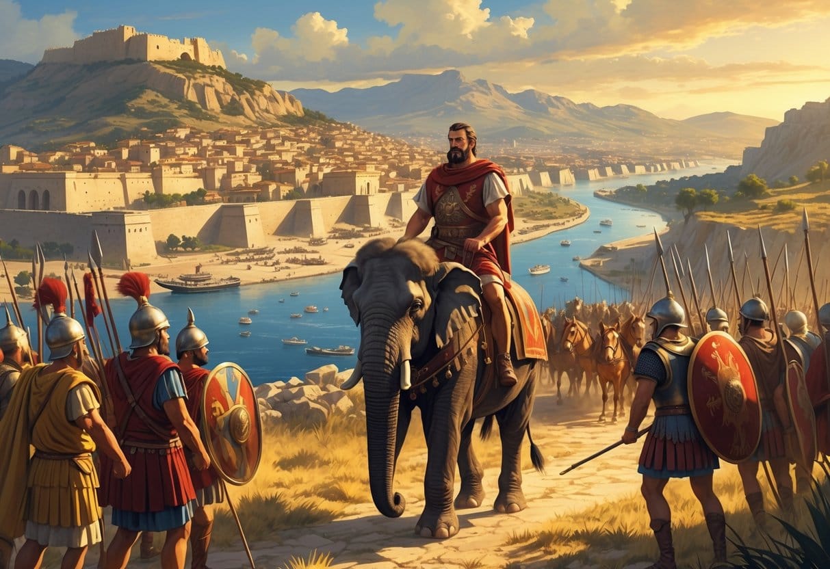 A scene showing Hannibal on a war elephant leading Carthaginian soldiers near the city of Carthage with Roman soldiers in formation nearby and mountains in the background.