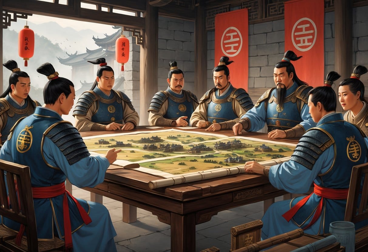 Generals in Qin Dynasty armor studying maps and scrolls in a war room, planning military strategy.