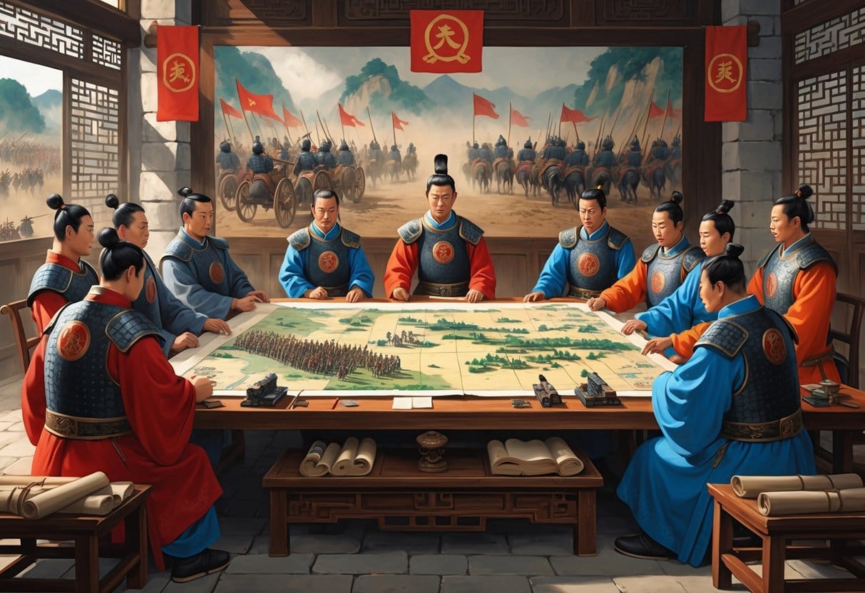 A group of Qin Dynasty generals and advisors gathered around a table studying maps and battle plans in an ancient war room.