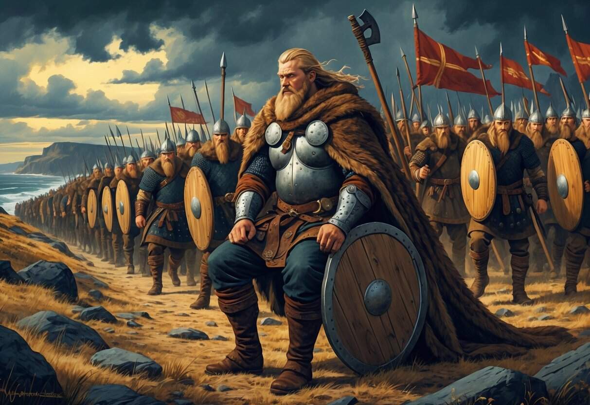 Ivar the Boneless leading a large Viking army across a rugged northern landscape under stormy skies.