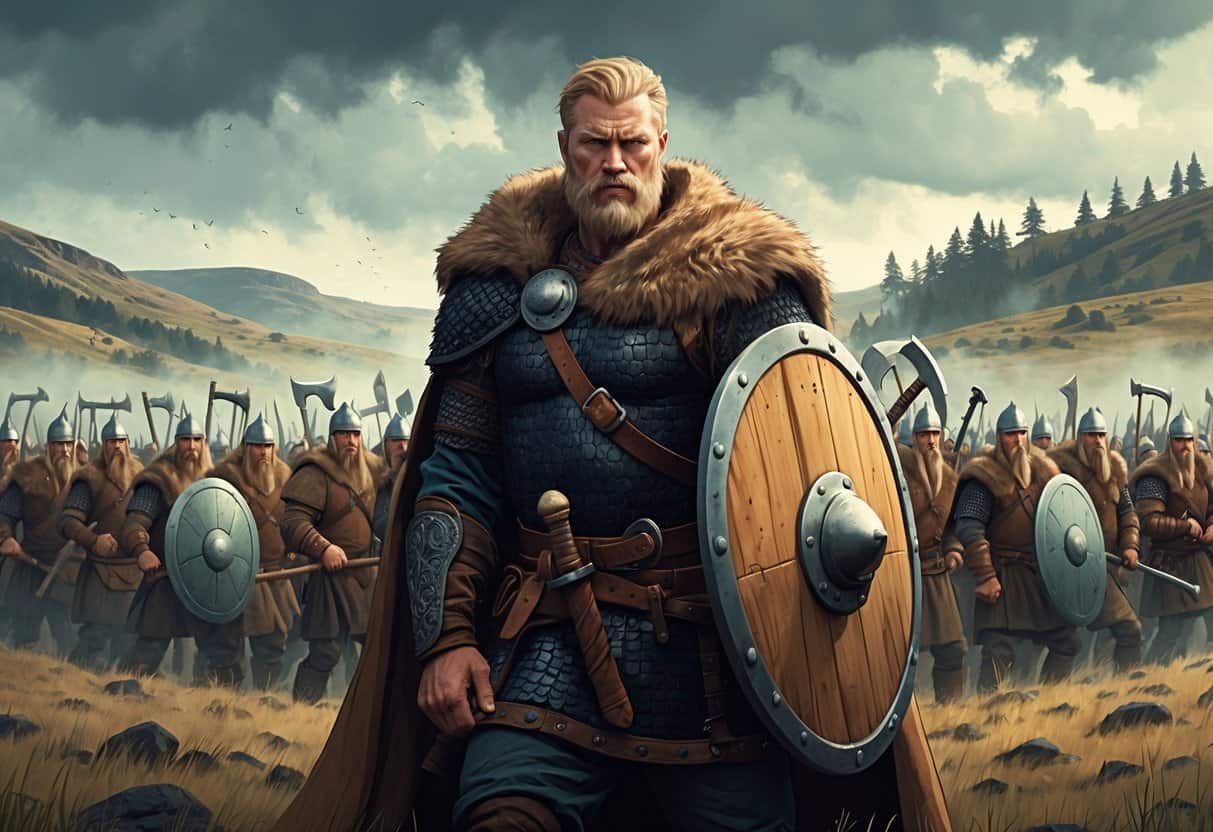 Ivar the Boneless standing confidently in Viking armor with a large army of Viking warriors assembled behind him on a misty heath.