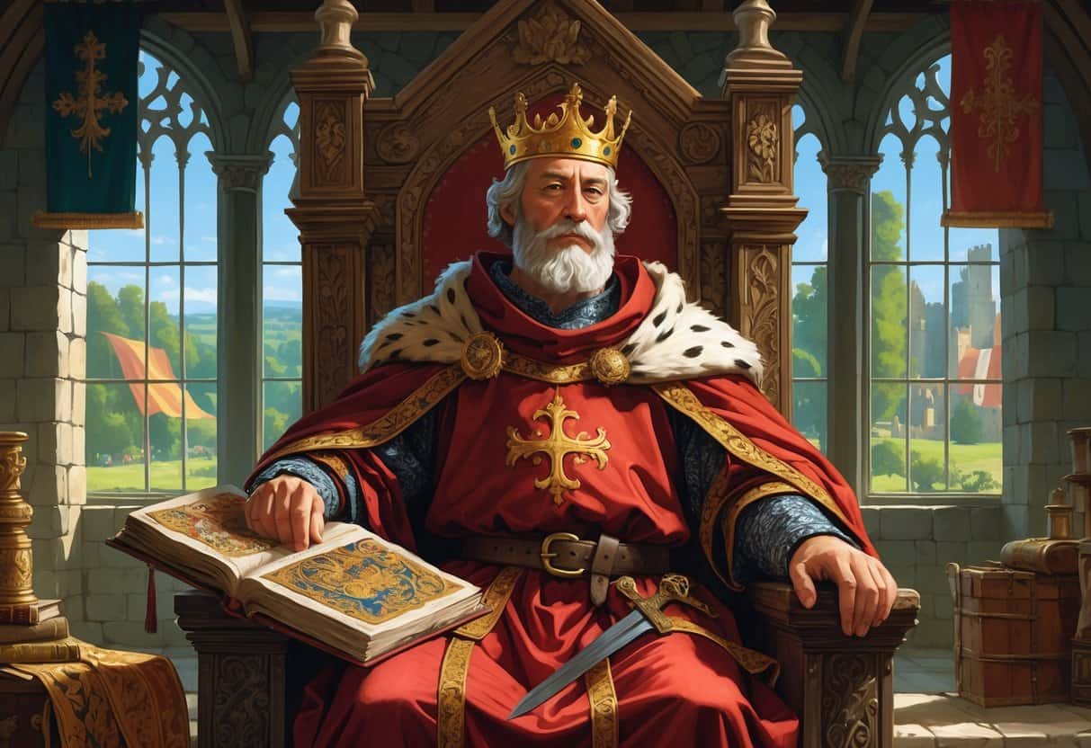 A medieval king wearing a crown and royal robes sits on a throne holding an ancient book, with a sword nearby inside a grand stone hall.