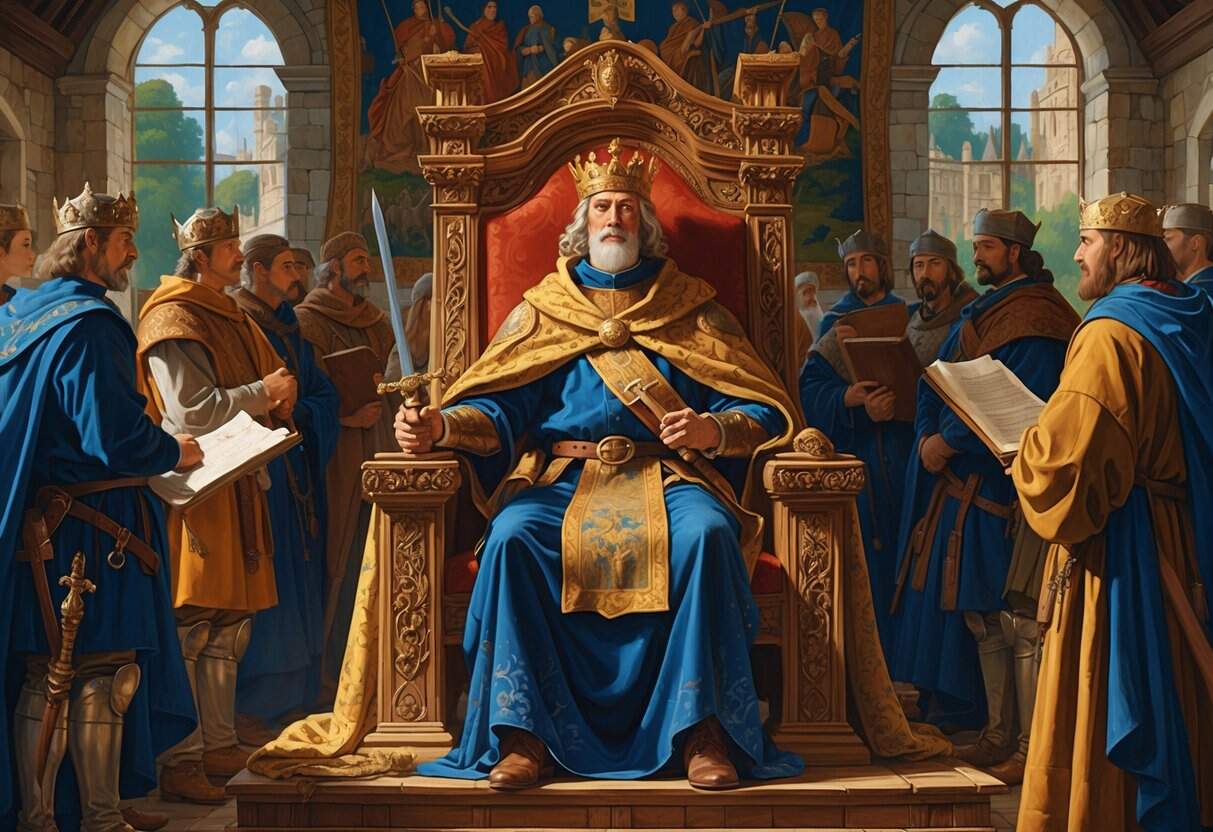 A king wearing a crown and robes sits on a throne holding a sword and a scroll, surrounded by advisors and soldiers in a grand hall.