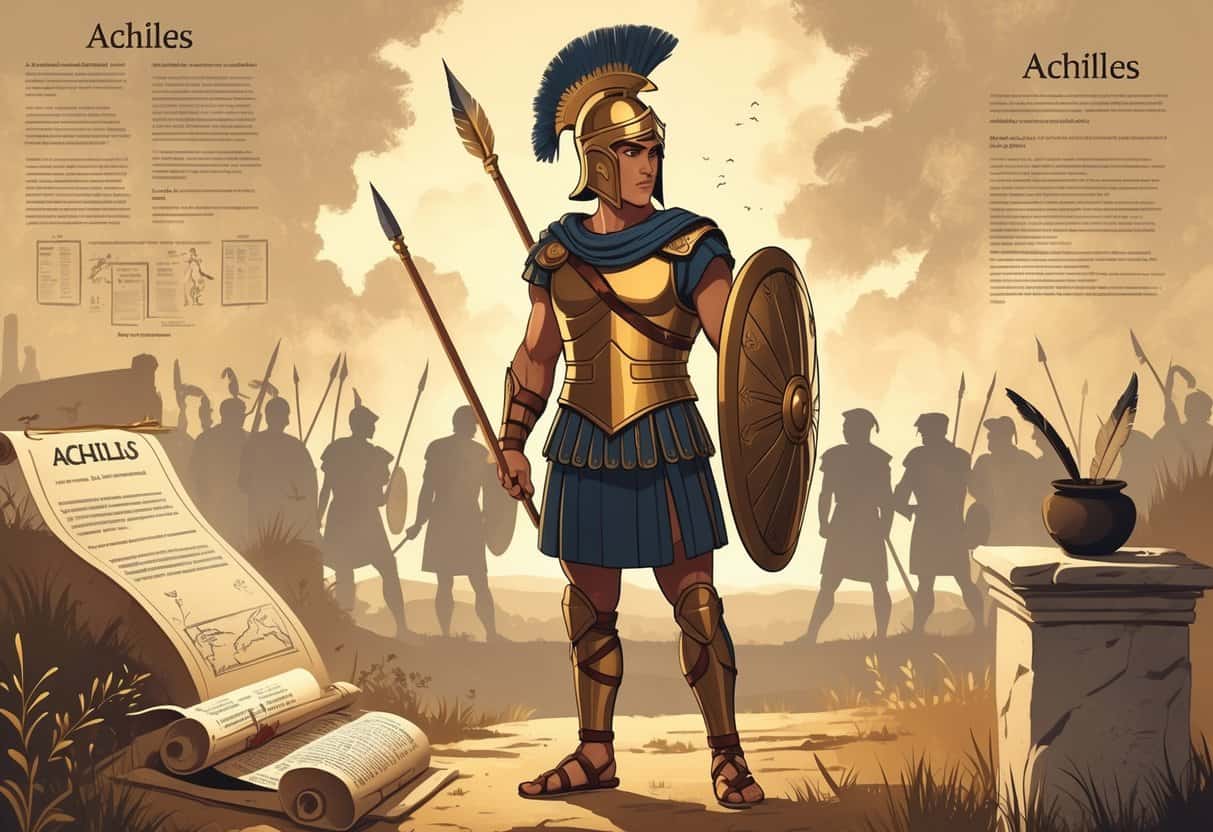 A young Greek warrior in ancient armor holding a spear and shield, standing on a battlefield with faint soldiers and ships in the background, alongside ancient scrolls and study tools.