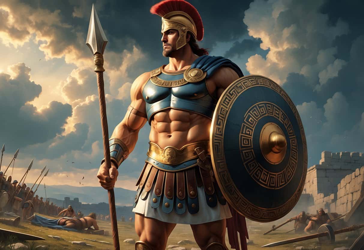 A strong Greek warrior, Achilles, stands on a battlefield holding a spear and shield, surrounded by fallen warriors and a dramatic sky.