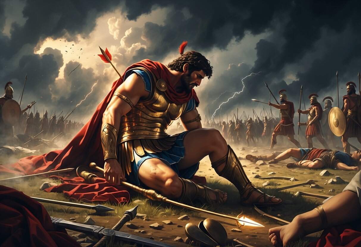A wounded Greek warrior falls on a battlefield as an arrow pierces his heel, surrounded by fallen soldiers and a dark, stormy sky.