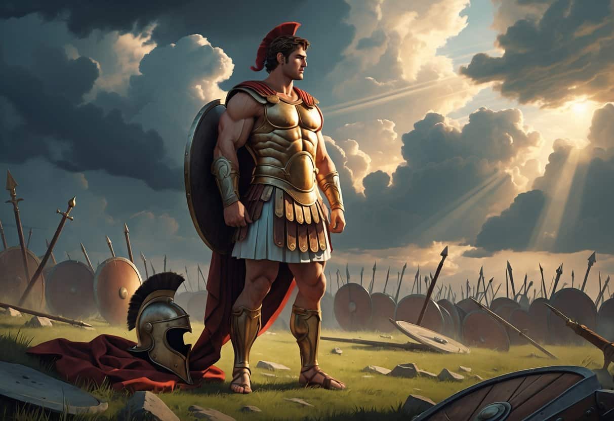A heroic Greek warrior stands on a battlefield with armor and a glowing left heel, surrounded by broken weapons and a dramatic sky.